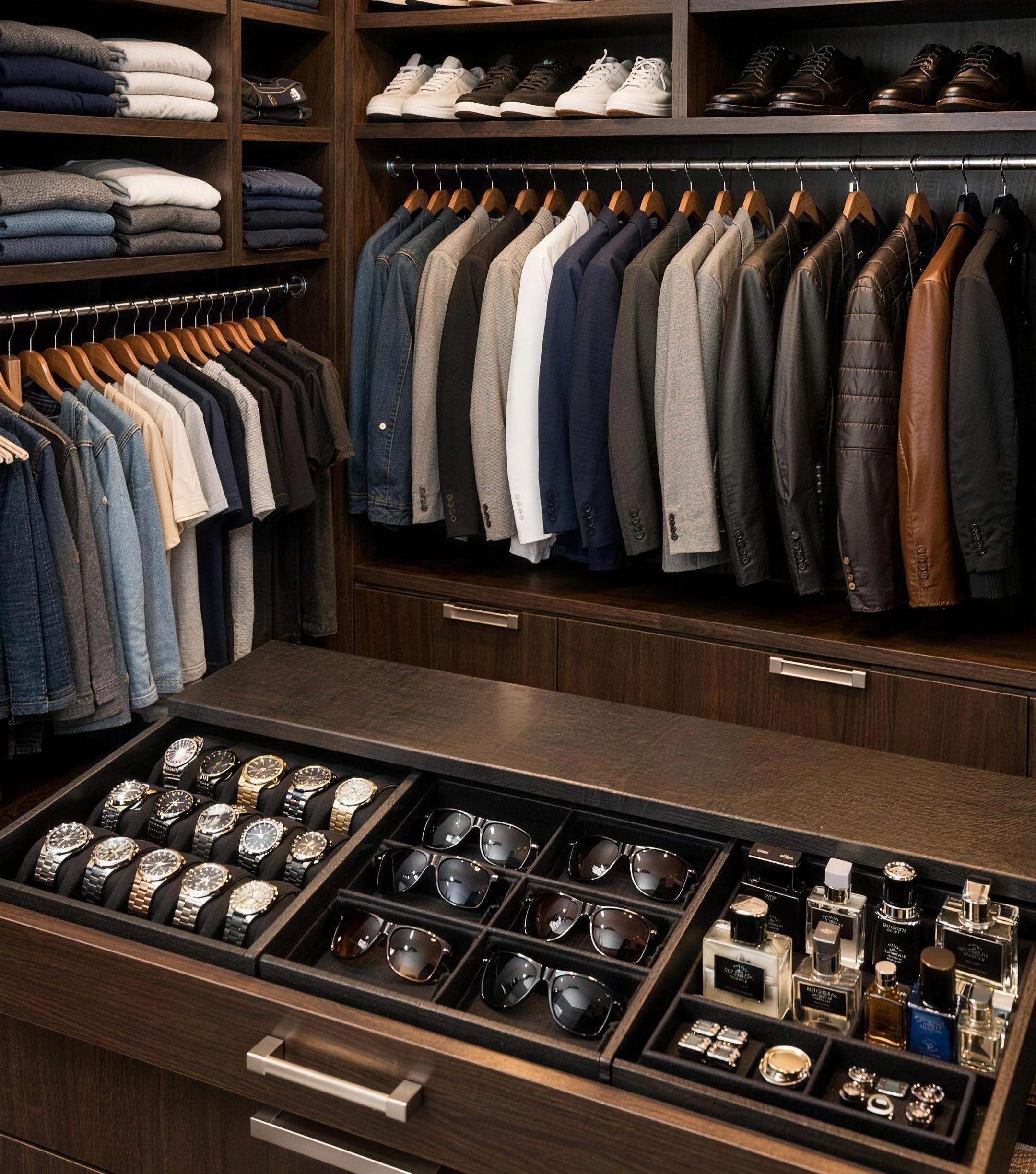 A complete wardrobe: tailored jackets and shirts hung as one rotation, knitwear folded above, shoes on the top shelf and watches in the drawer below