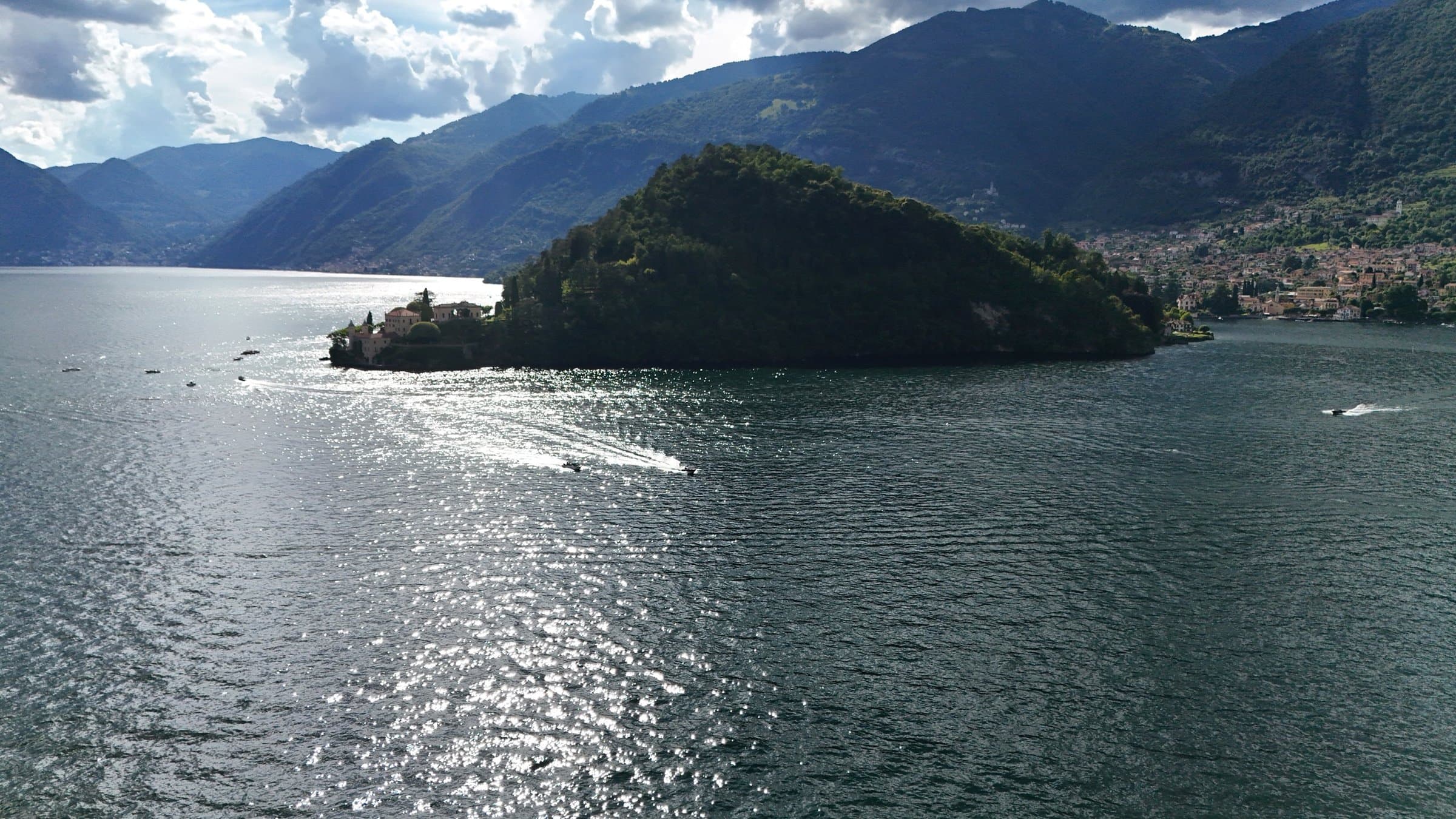 An island on Lake Como, the sun on the water