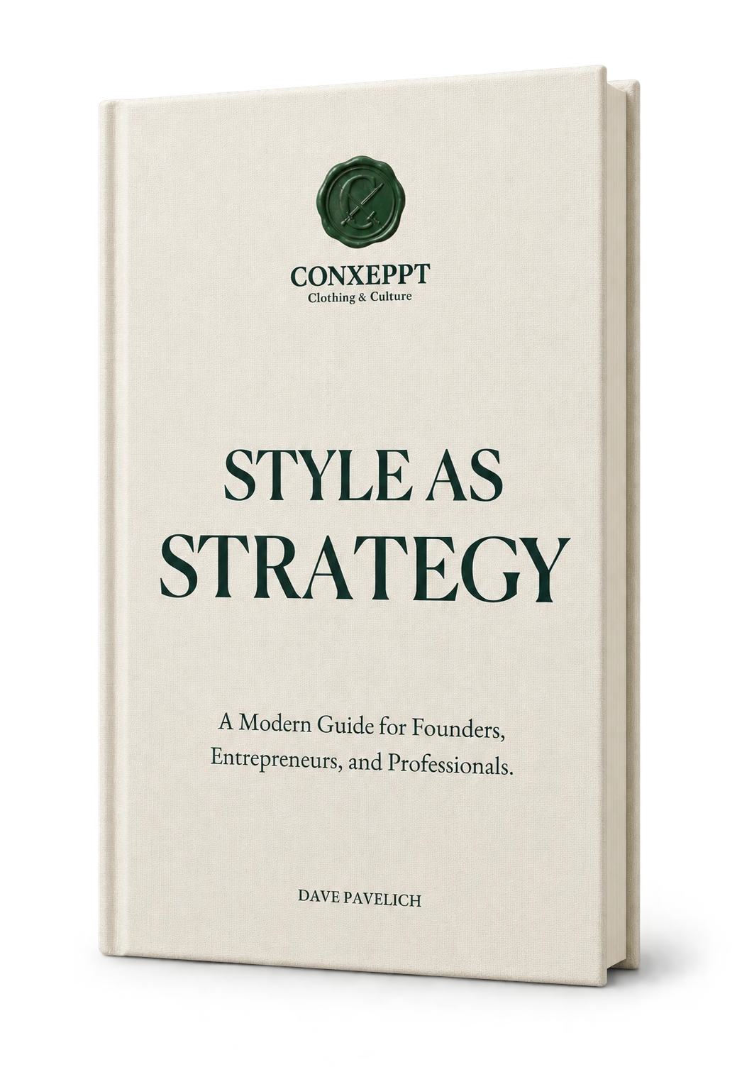 A cream cloth-bound Style as Strategy book with the Conxeppt forest wax seal and wordmark